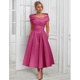 A-Line Tea Length Cocktail Dresses Party Dresses Elegant Sleeveless Off Shoulder Garden Party Wedding Satin with Pleats