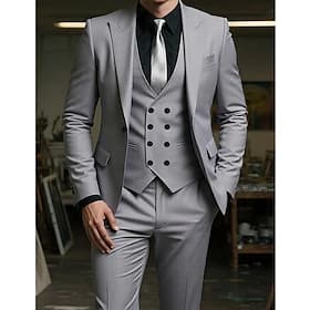Men's Tuxedos Business Suits Casual Wedding Light Khaki Navy Blue Spring, Fall, Winter, Summer Suit Peaked Lapel Formal Solid Colored Slim Fit 3 Piece Single B