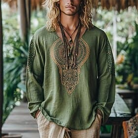 Men's Linen Shirt Summer Shirt Vintage Shirt Ethnic Shirt Long Sleeve Shirt Boho Vacation Street Green Long Sleeve V Neck Summer Spring Clothing Apparel Ethnic