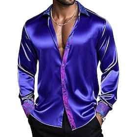 Herren Hemd Satinhemd Kleidhemd Freizeithemd Knopfhemd Abschlussballhemd Einfach Hochzeit Party Champagner Blau Purpur Langarm Revers Ganzjahres Bekleidung Pat