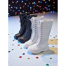 Korean Idol Inspired Pop Star Costume Shoes Girls' White Lace-Up Knee High Boots with Side Zipper, Chunky Sole Winter Fashion Footwear for Stage Performance an