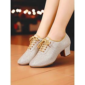 Women's Glitter Lace-Up Ballroom Dance Shoes - Sparkly Low Heel Professional Practice and Performance Footwear