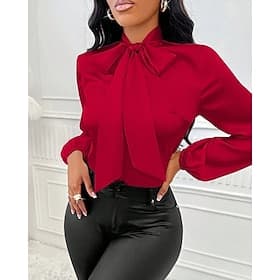 Women's Shirt Elegant Dressy Satin Top Bow Solid Color Elegant Stylish Basic Long Sleeve Tie Neck High Neck Regular Tops Daily Going out Red Spring Fall