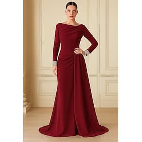 Mermaid Trumpet Sweep Brush Train Evening Gown Ball Gown with Overskirt Formal Dress Elegant Celebrity Style Long Sleeve Boat Neck Garden Party Wedding Stretch