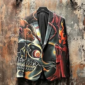 Men's Blazer Coat Casual Festival Casual Daily Fall / Winter 100% Polyester Skulls 3D Print Buttons Thermal Warm Comfortable Single Breasted Blazer Red
