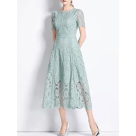 Abito Madre della Sposa Abito Elegante Scollo Rotondo Lunghezza Tea Pizzo Maniche Corte con Pizzo