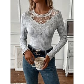 Women's Blouse Lace Patchwork Solid Color Elegant Stylish Basic Long Sleeve Crew Neck Regular Tops Daily Black White Pink Purple Gray Spring Fall Winter