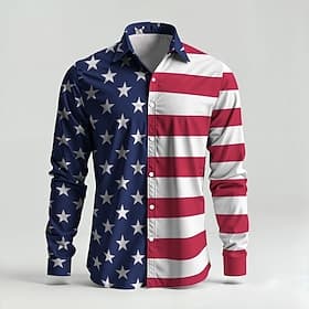 Men's American Flag Shirt Casual Shirt Beach Shirt Long Sleeve Casual Comfortable Vacation Street Hawaiian Spring Fall Lapel Print Dark blue Red Blue