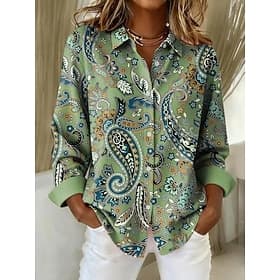 Dames Overhemd Blouse Lapwerk Knop Afdrukken Grafisch Geometrisch Paisley Bohemen Vintage Tropisch Lange mouw Overhemdkraag Normale tops Dagelijks Oranje Groen