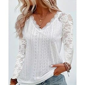 Women's Pointelle Shirt Eyelet Top Lace Splicing Top Blouse Ruched Lace Patchwork Plain Vintage Stylish Long Sleeve V Neck Regular Tops Casual Daily Beach Blue