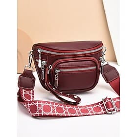 Women's Burgundy Faux Leather Crossbody Chest Bag with Multi Zipper Pockets, Wide Strap Silver Hardware, Stylish Hands-Free Travel Purse for Daily Wear Chris