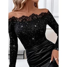 Dames Blouse Kanten rand Effen Kleur Elegant Stijlvol Basic Lange mouw Schouderafhangend Normale tops Dagelijks Zwart Lente Herfst Winter
