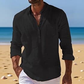 Homme Chemise Chemise en lin Chemise popover Chemise d'été Tenue de plage Chemise à col officier Uni Plage Vacances Bleu Noir Blanche Jaune manche longue Henle