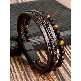 Perlenarmband-Set aus Kunstlederlegierung für Herren, mehrlagiges geflochtenes Armband mit Magnetverschluss, modischer Punkschmuck für Freizeit, Party und Gesc