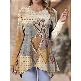 Women's Tunic Print Heart Graphic Abstract Elegant Vintage Fashion Long Sleeve Crew Neck Round Neck Long Tops Daily Weekend Khaki Spring Fall Winter
