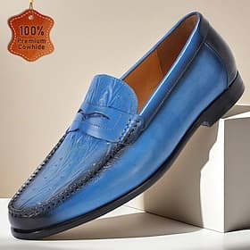 Men's Blue Genuine Leather Slip-On Loafers with Smooth Finish – Elegant Footwear for Office Wear and Casual Gatherings