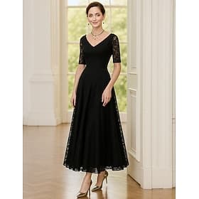 A-Line Ankle Length Party Dress Cocktail Dress Wedding Guest Dress Mother of the Bride Dress Half Sleeve V Neck Elegant Black Dress Formal Evening Wedding Part