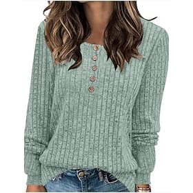 Women's Blouse Buttons Knit Solid Color Stylish Casual Long Sleeve Crew Neck Regular Tops Daily Blue Black Yellow Light Green Red Spring Fall Winter