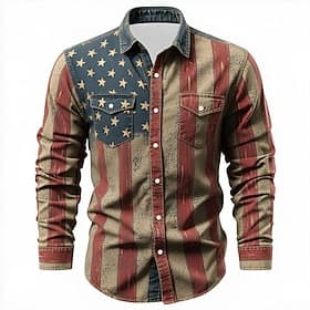 Men's American US Flag Patriotic Shirt Western Shirt Long Sleeve Vintage Retro Casual Holiday WorkWear Spring Fall Turndown Front Two Pockets Linen Like Shirt