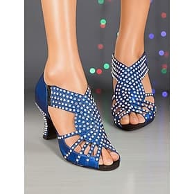 Women's Blue Rhinestone Professional Latin Dance Shoes, Sparkly Open-Toe Ballroom Heels, Elegant Performance Competition Dance Shoes for Salsa and Tango