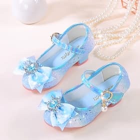 Sapatos Mary Jane infantis com glitter, laço e detalhes em cristal – tira ajustável, opções nas cores rosa e azul.