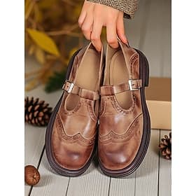 Ballerines Mary Jane en similicuir marron pour femme, style brogue, avec boucle, un modèle classique et confortable, parfait pour le travail, les sorties quoti