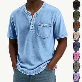 SoftFade™ Herren Henley Shirt 100% Baumwolle Acid Wash Shirt T-Shirt Tee Kurzarm Einfarbig Retro Vintage Lässig Vintage Stil Kleidungsstück gefärbt Gewaschen H