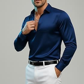 Men's Shirt Satin Shirt Dress Shirt Casual Shirt Button Up Shirt Prom Shirt Plain Formal Wedding Black Navy Blue Long Sleeve V Neck All Seasons Clothing Appare