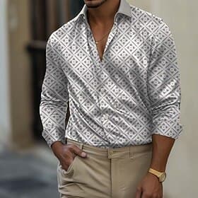 Herren Geometrisch Karo / Karomuster Blumendruck Hemd Satinhemd Kleidhemd Langarm Business-Casual Urlaub Alltagskleidung Sommer Frühling Herbst Umlegekragen 3D