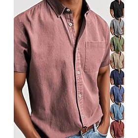 Men's Shirt Summer Shirt Casual Shirt Beach Shirt Button Up Shirt Pink Navy Blue Blue Short Sleeve Solid Color Lapel Casual Daily Pocket Clothing Apparel Fashi