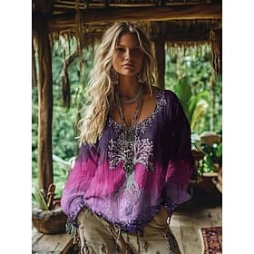 T-shirt Boho Femme Graphique Géométrique Élégant Bohême Vintage Manches Longues Col V Tops Réguliers Quotidiens Week-end Imprimé 3D Bleu Rouge Violet Vert Été