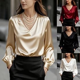 Women's Shirt Elegant Satin Top Blouse Ruched Plain Elegant Stylish Casual Long Sleeve V Neck Regular Tops Daily Holiday Going out Black White Red Apricot Spri