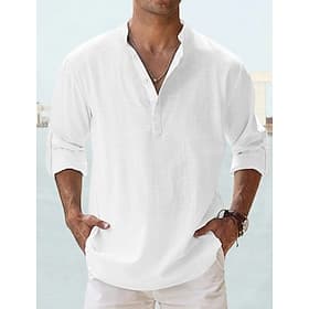 Men's Shirt Linen Shirt Summer Shirt Beach Shirt Plain Vacation Hawaiian Blue Black White Pink Long Sleeve Stand Collar Spring Summer Clothing Apparel Basic