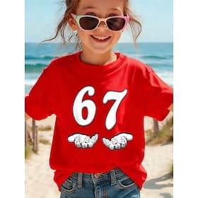 Girls' 3D Graphic Funny Slang 67 T shirt Tee Short Sleeve 3D Print Summer Spring Sports Fashion Streetwear Kids 4-12 Years Crew Neck Outdoor Casual Daily Regul