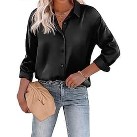 Per donna Camicia Elegant Top in raso Blusa Bottoni Semplice Elegante Manica Lunga Colletto a Camicia Top Regolari Ferie Uscire Vino Verde smeraldo Viola Grigi