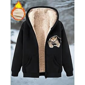 Women's Winter Coat Warm Zipper Pocket Print Fashion Casual Animal Street Casual Short Hooded Regular Fit Long Sleeve Outerwear Blue Black Red Spring Fall