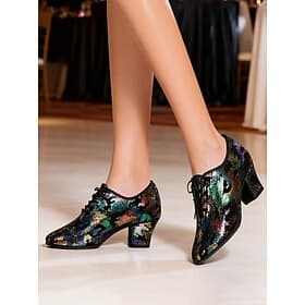 Women's Multicolor Latin Dance Shoes - Professional Ballroom Tango Jazz Lace-Up Shoes with Artistic Pattern and Mid Heels for Performance or Practice