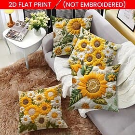 Vintage Sunflower Decorative Pillow Cover 2D Flat Print Soft Polyester Fabric Cushion Case with Faux embroidery for Spring and Summer Home Sofa Living Room Dec