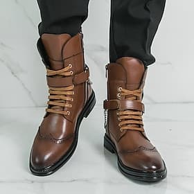 stivali da uomo marroni con lacci e cinturini - in similpelle elegante e resistente, perfetti per l'autunno e l'inverno, ideali per outfit casual e semi-formal