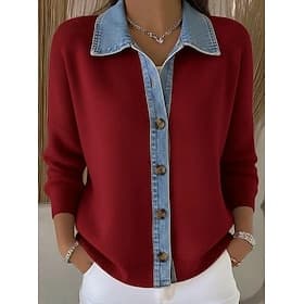Women's Sweater Elegant Vintage Basic Turndown Shirt Collar Patchwork Long Sleeve Regular Tops Knit Outdoor Streetwear Wine Red Pink Fall Winter