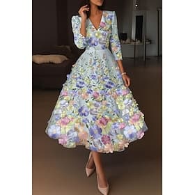 A-Line Ankle Length Cocktail Dresses Elegant Vintage Floral Half Sleeve V Neck Wedding Formal Pink Dress Satin Lace with Embroidery Pocket