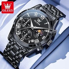 Montre homme Olevs, chronographe de luxe pour affaires, phase de lune, acier inoxydable noir, étanche, date lumineuse, chiffres romains, montre-bracelet à quar