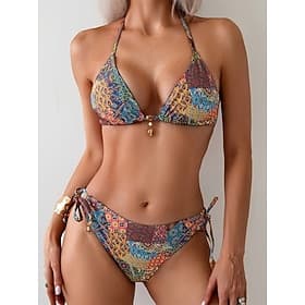 Women's Bikini 2 Piece Swimsuit Boho Tie Side Slim Backless Vacation Beach Wear Floral Color Block Halter Neck Sleeveless Bathing Suits