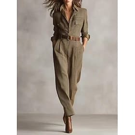 Femmes Combishort Élégant Plaid manche longue Bureau Travail Coupe régulière Marron clair Automne