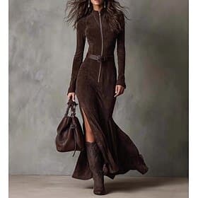 Women's Maxi Dress Suede Sheath Dress Casual Boho Daily Holiday Regular Fit Plain Long Sleeve High Neck Dark Brown Fall Winter