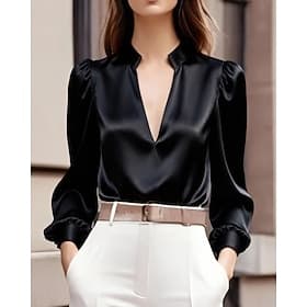 Damen Hemd Elegant Satin-Top Bluse Gerafft Einfach Stilvoll Langarm V Ausschnitt Normale Oberteile Arbeit Ferien Ausgehen Schwarz Weiß Rosa Frühling Herbst