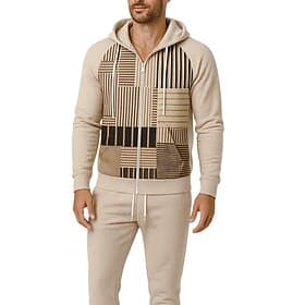 Men's Hoodie Tracksuit 2 Piece Tracksuit Drawstring Zip Up Geometry Clothing Suit Fall Winter Khaki Vocation Outdoor Travel Lightweight Fashion Long Sleeve Spo