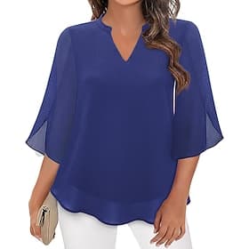 Femmes Chemisier Hauts en mousseline de soie Patchwork Uni Élégant Occasionnel Demi Manches Col en V Hauts Réguliers Quotidien Fête Sortir Noir Vin Rouge Bleu