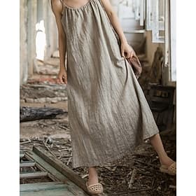 Women's Midi Dress Cotton Linen Dresses Shift Dress Sundress Slip Dress Vintage Fashion Daily Outdoor Vacation Loose Fit Plain Sleeveless Straps Blue Teal Whit