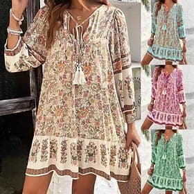 Femmes Mini Robe Robe fourreau Occasionnel Extérieur Plage Coupe Ample Fleuri Graphique Manche 3/4 Col en V Rose Claire Bleu Ciel Vert Abricot Été Printemps Au